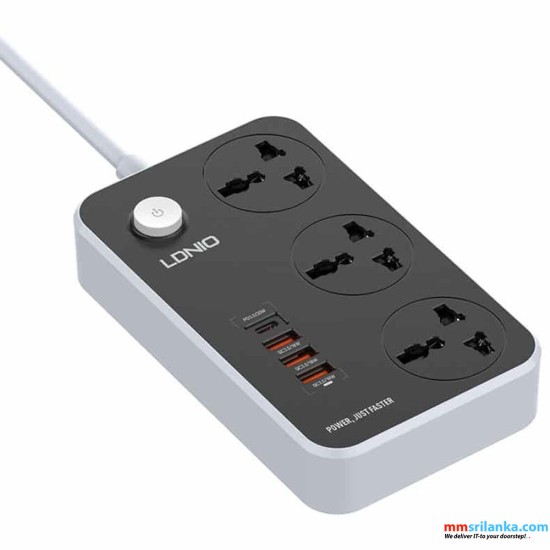 LDNIO SC3412 38W PD20W Power Strip 3 Socket Outlets and 3 QC 3.0 USB (6M)